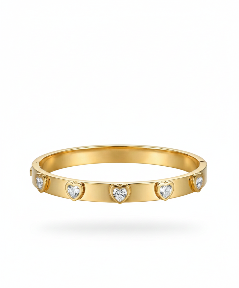 Heart Stone Love Bangle - Solid Gold Cuff with Bezel-Set Heart CZ Stones