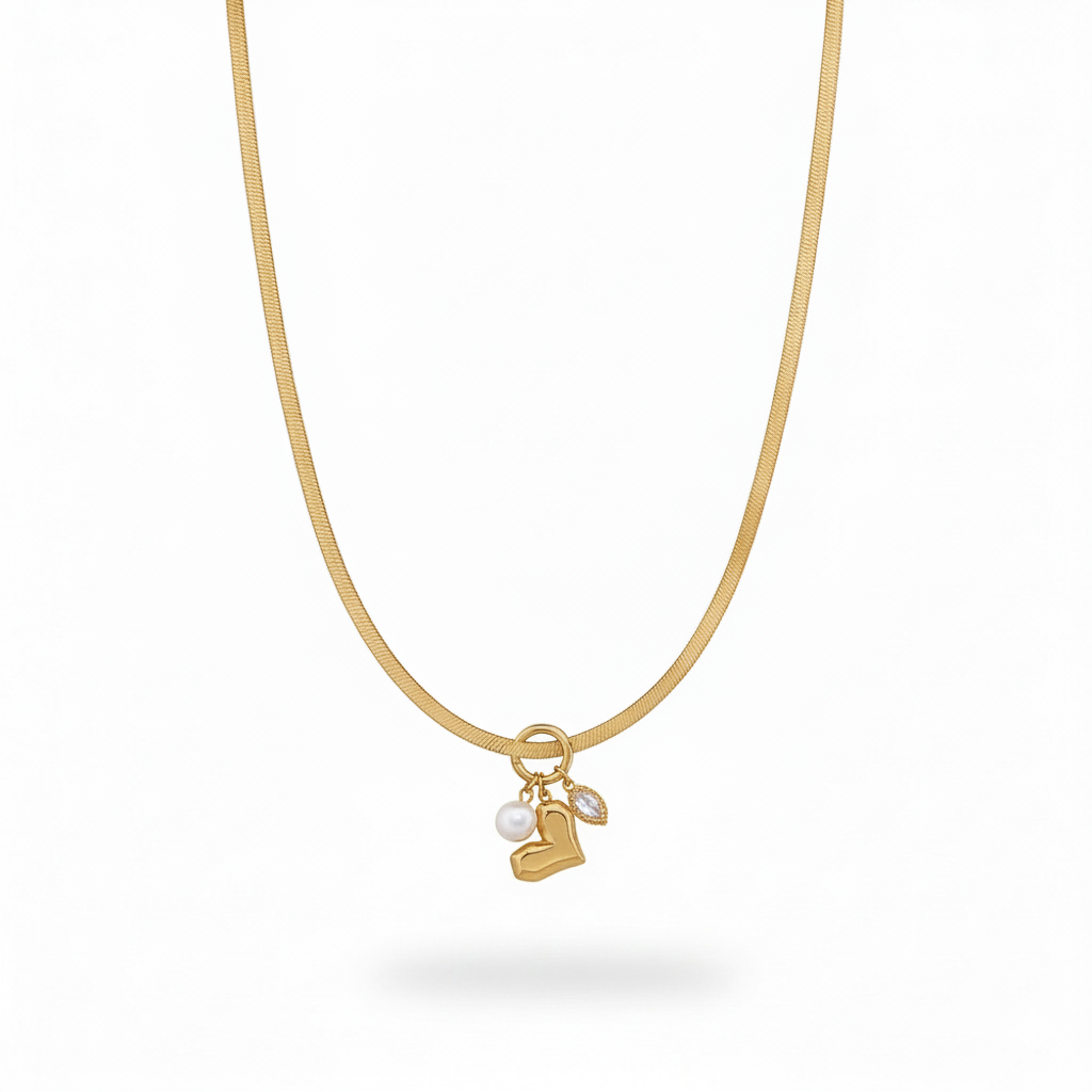 Luxe Heart & Pearl Charm Snake Chain Choker