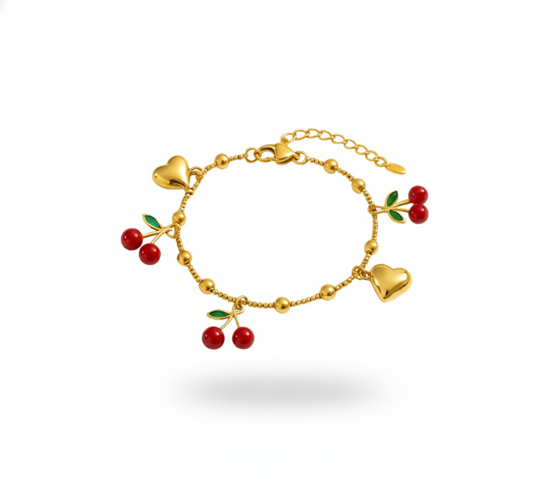 Cherry Charm Bracelet - Double Strand Heart & Fruit DangleRed
