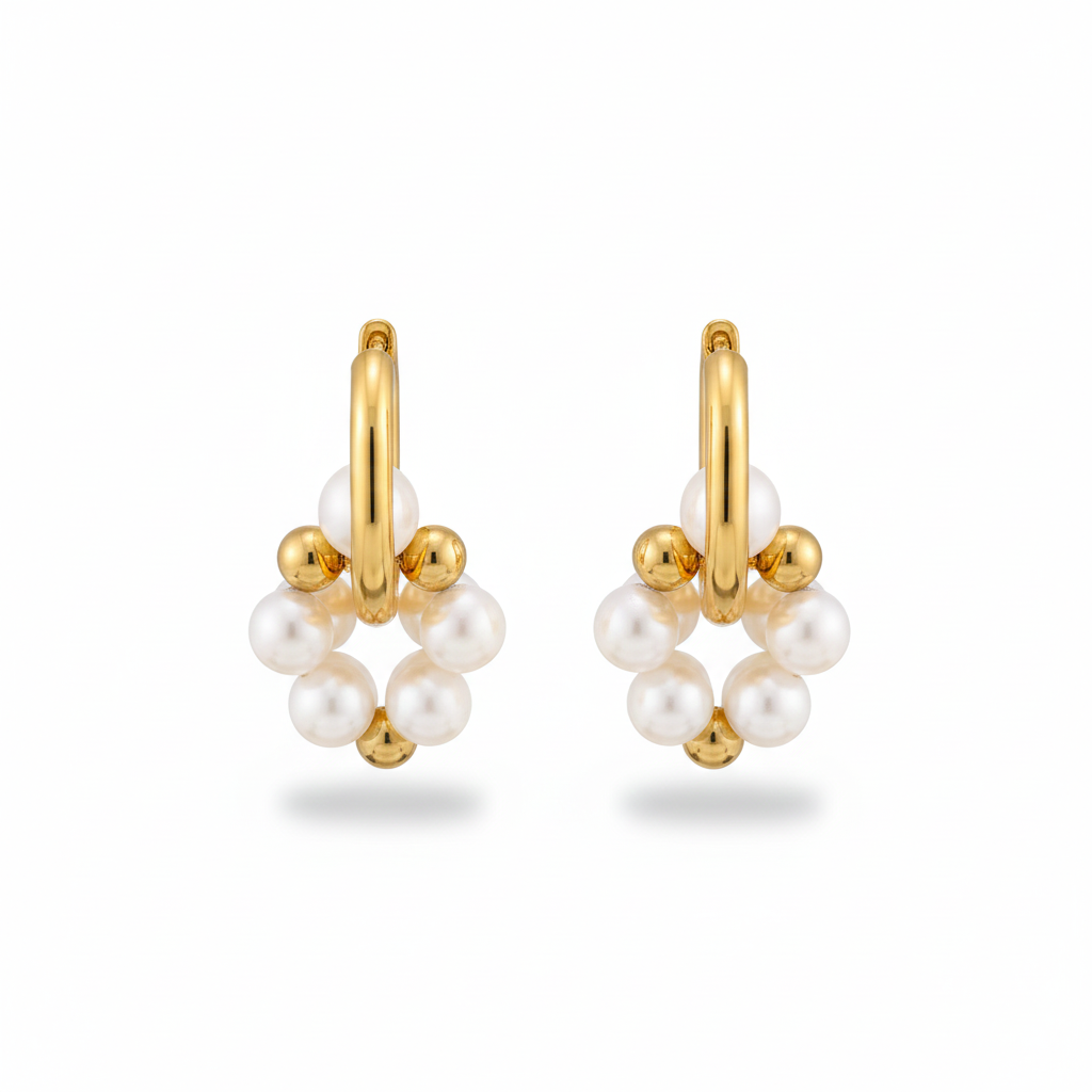 Chunky Gold Hoop Cluster Pearl Earrings