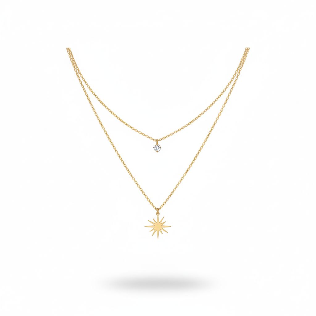 Celestial Starburst Layered Necklace - Pave Solitaire & Sunburst Charms