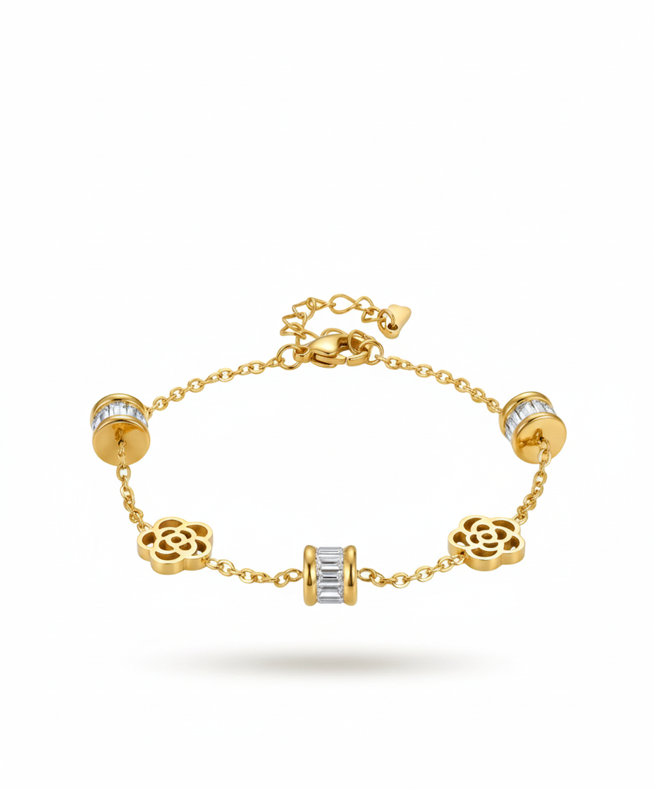 Cylinder Charm & Flower Bracelet - Pave Crystal Barrel Link Bracelet