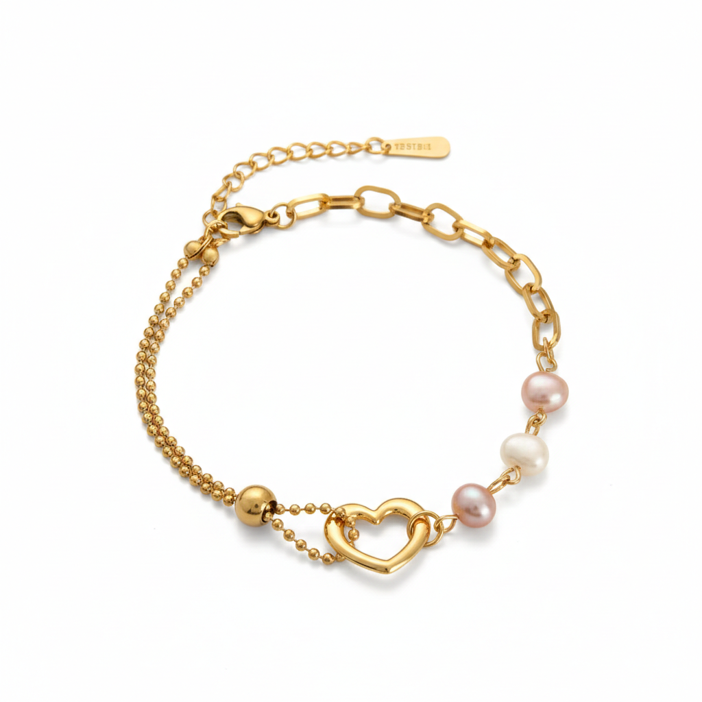 Half Chain, Half Pearl Heart Bracelet - Mixed Media Link Bracelet