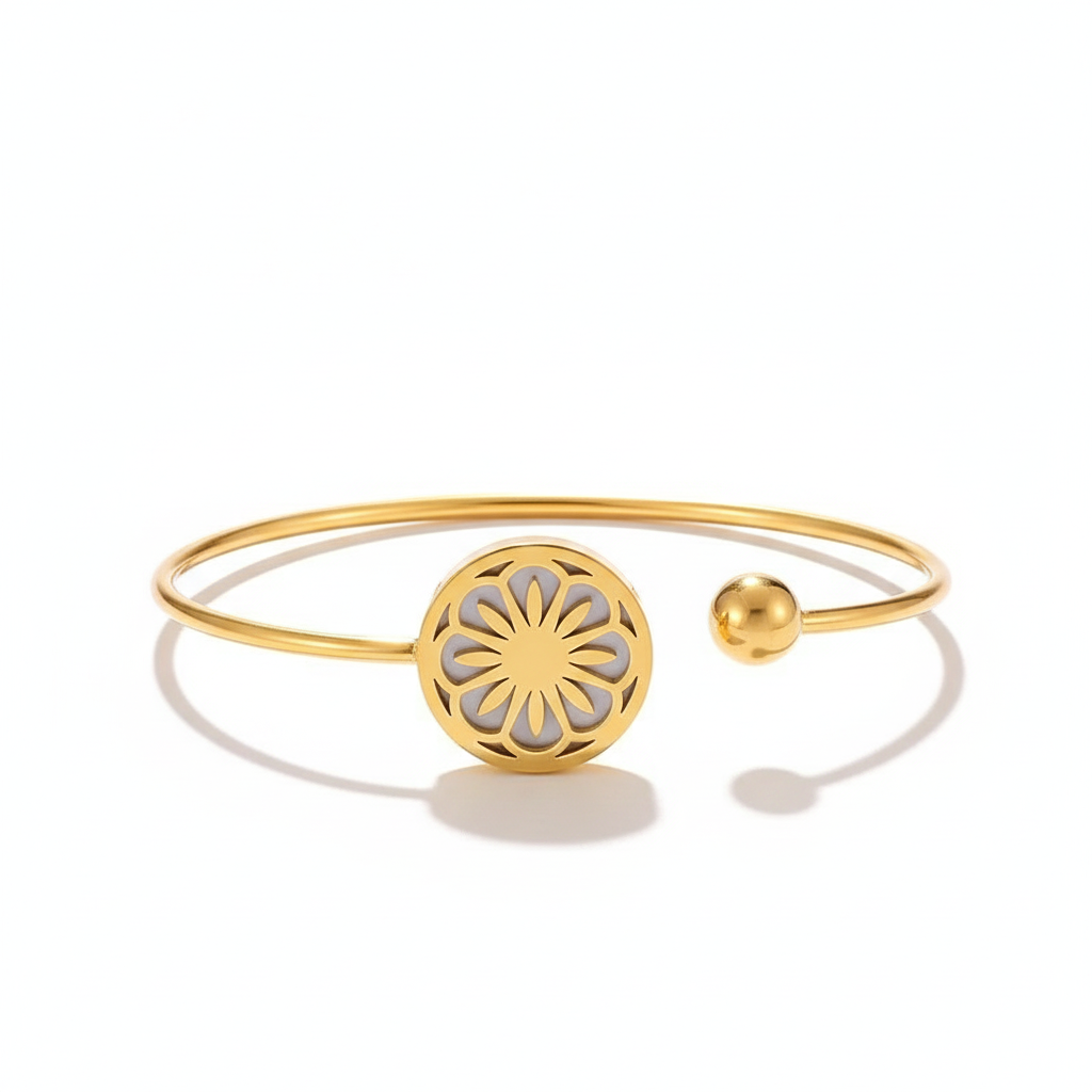 Star Medallion Open Bangle - Elegant Gold Cuff with Stylized Center Disc
