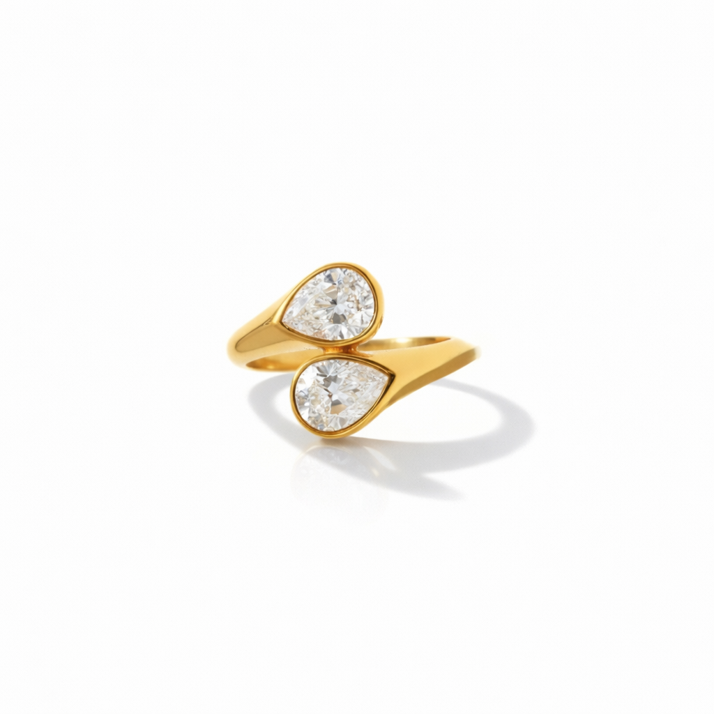 Twin Pear Crystal Open Gold Ring