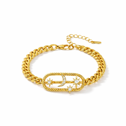 Celestial Oval Curb Chain Bracelet - Crescent Moon & Star Motif