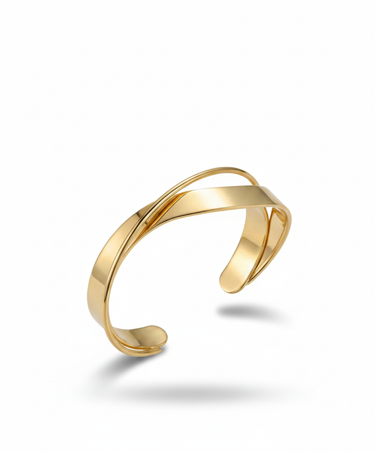 Designer-Inspired Interlocking Logo Bangle - Gold Half-Cuff with Pave and Mother-of-Pearl Accents