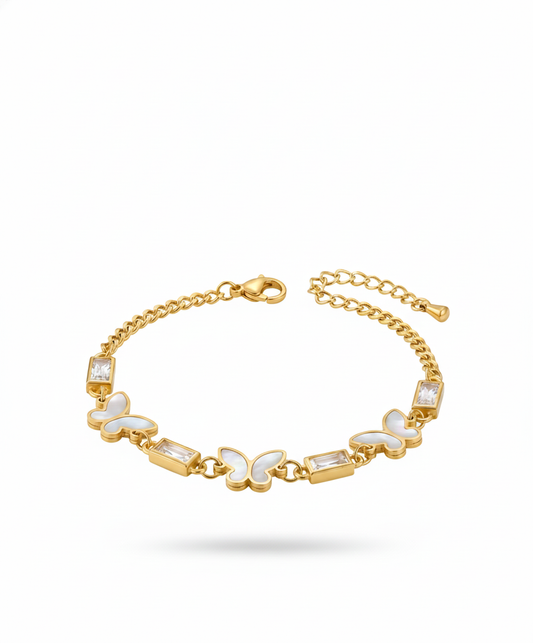 Butterfly and Baguette Crystal Bracelet - Mother-of-Pearl Inlay