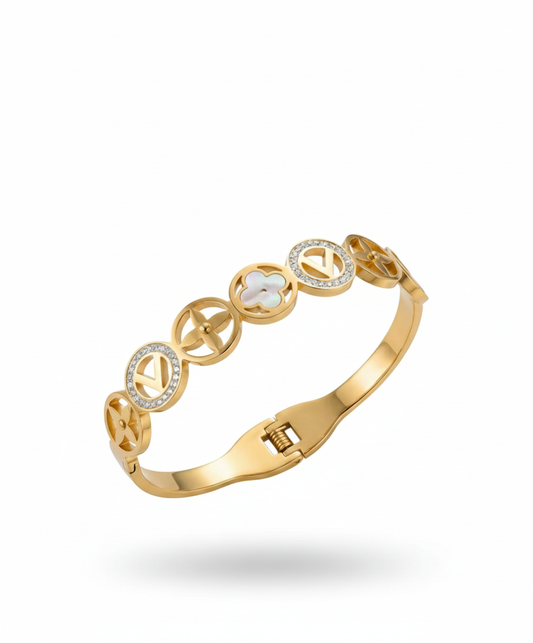 Gold Knot and Pearl Bangle - Twisted Open Cuff with Simulated Pearl and Sphere Ends