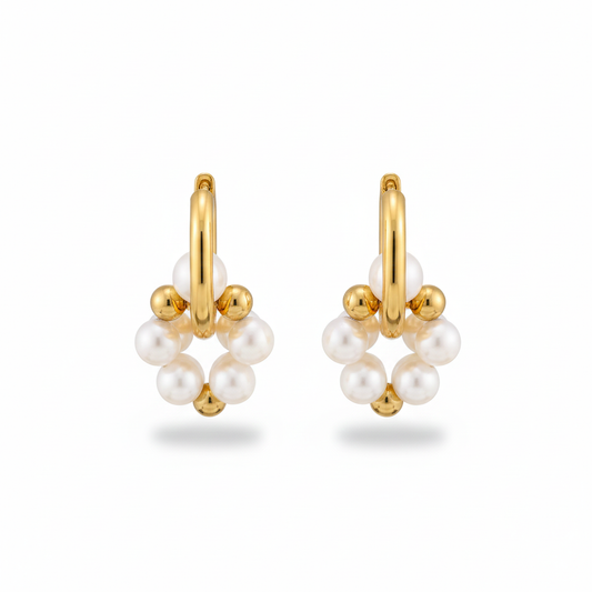 Chunky Gold Hoop Cluster Pearl Earrings