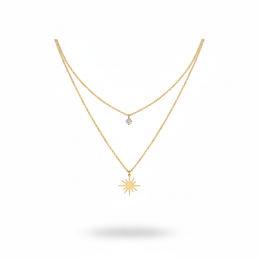 Celestial Starburst Layered Necklace - Pave Solitaire & Sunburst Charms