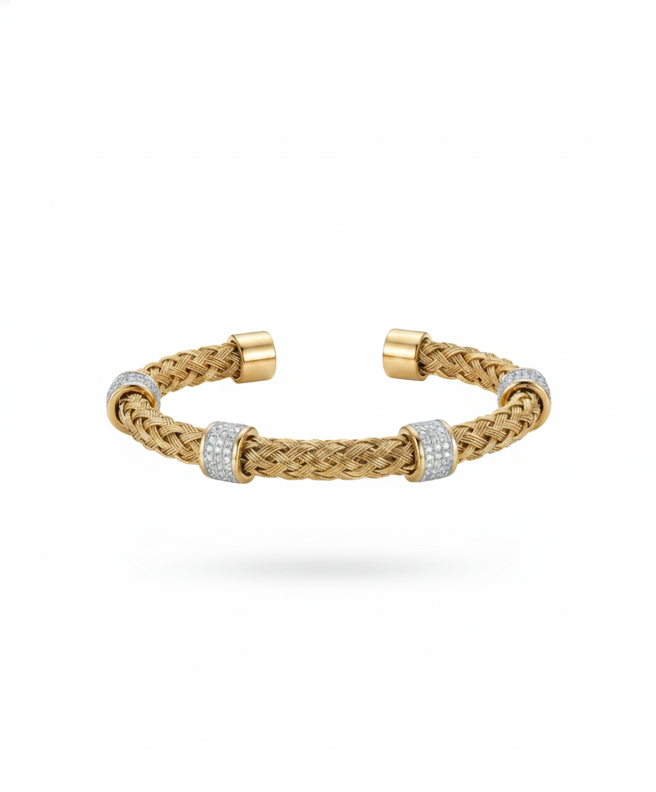 Geometric Wide Hollow Bangle - Bold Interlocking Link Open Cuff