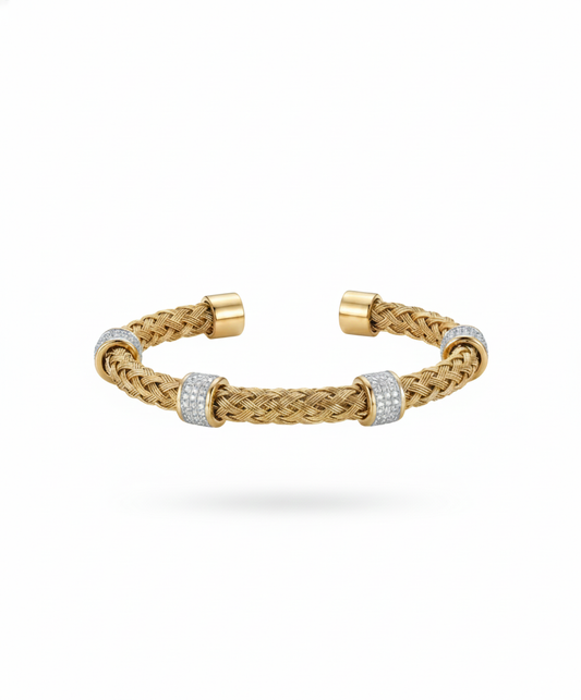 Geometric Wide Hollow Bangle - Bold Interlocking Link Open Cuff