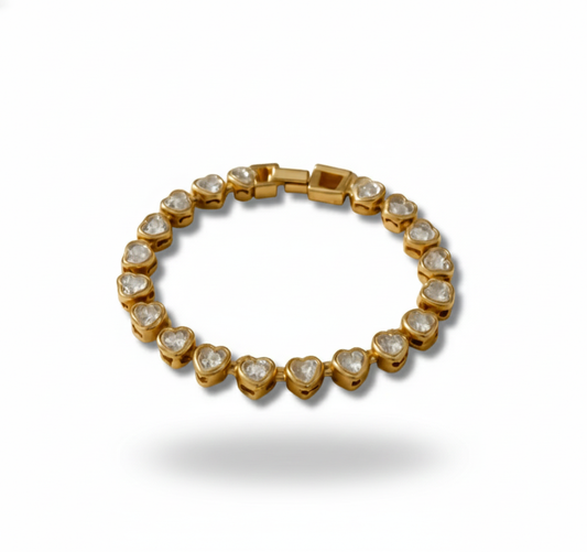 Heart-Shaped Tennis Bracelet - Gold Bezel Set CZ Heart Links