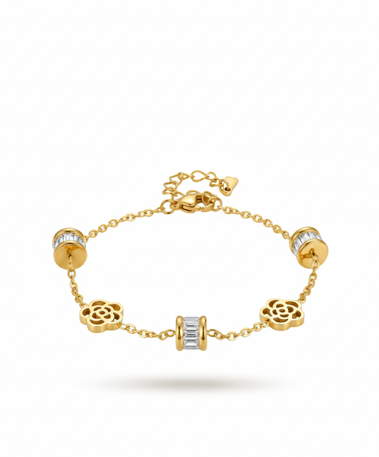 Cylinder Charm & Flower Bracelet - Pave Crystal Barrel Link Bracelet