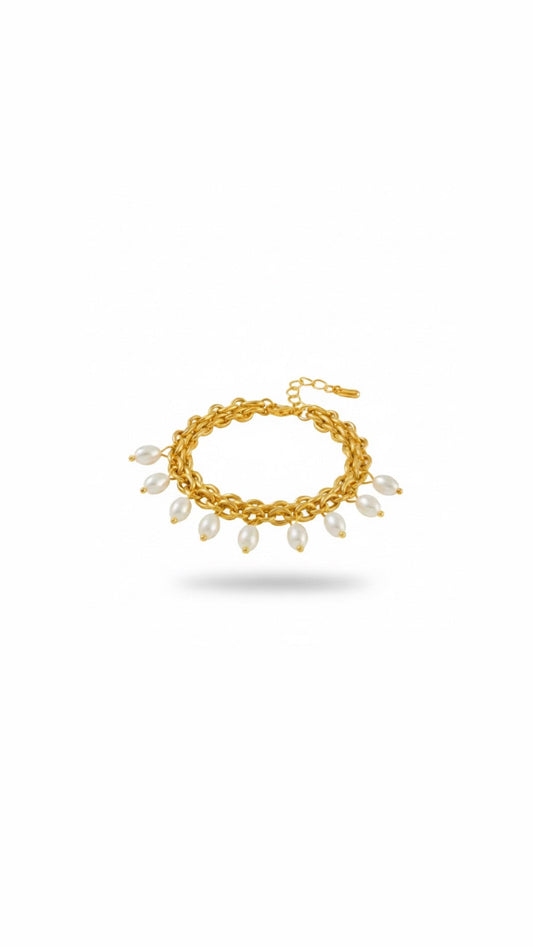 Heavy Pearl Tassel Bracelet - Exaggerated Gold Chain with Drop Pearls