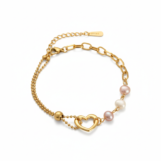 Half Chain, Half Pearl Heart Bracelet - Mixed Media Link Bracelet