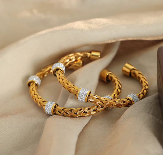 Geometric Wide Hollow Bangle - Bold Interlocking Link Open Cuff