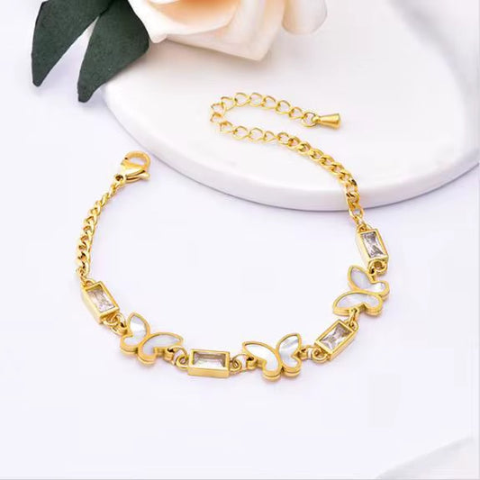 Butterfly and Baguette Crystal Bracelet - Mother-of-Pearl Inlay